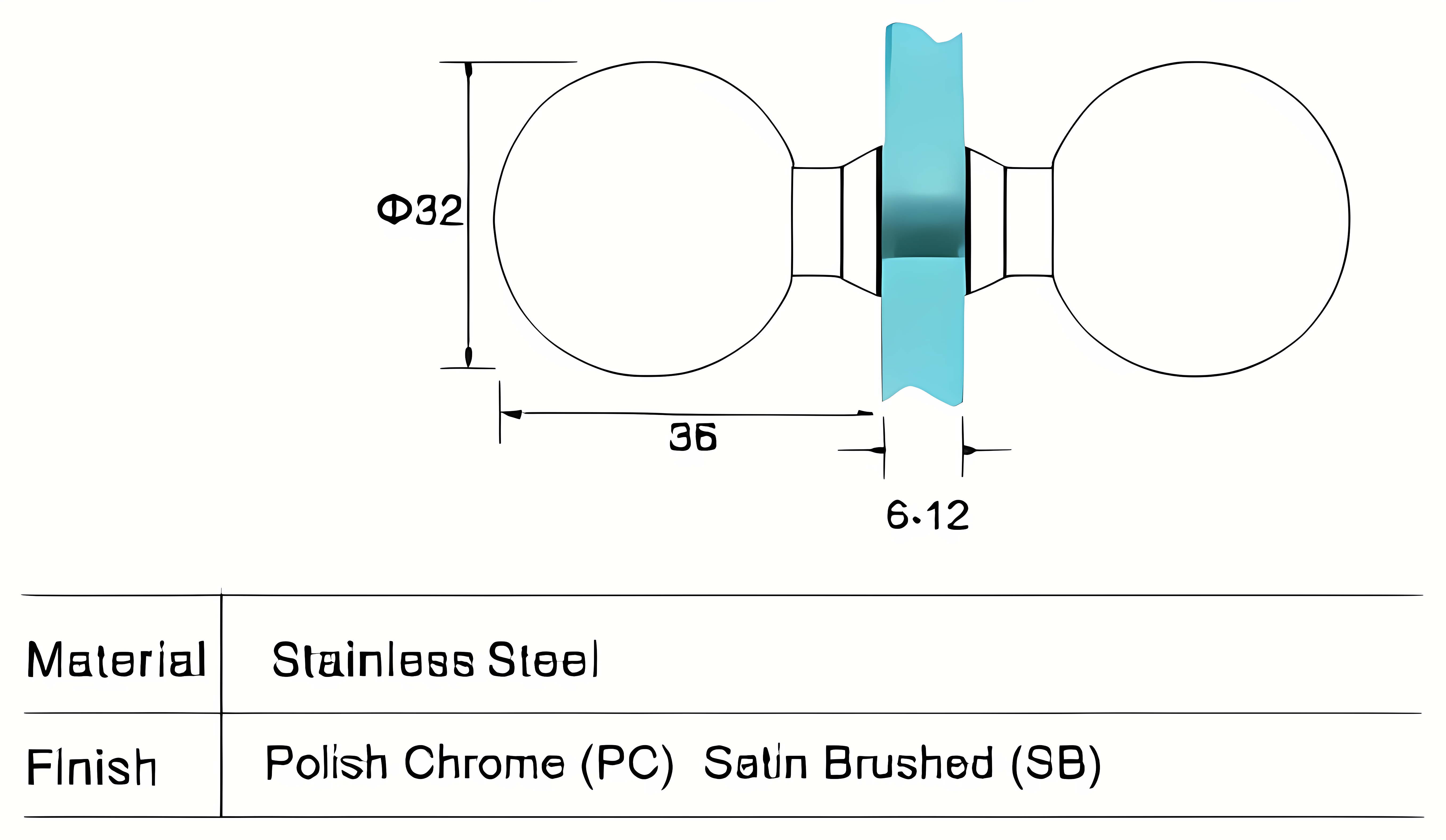 Section through the glass, 8, 10 and 12 mm